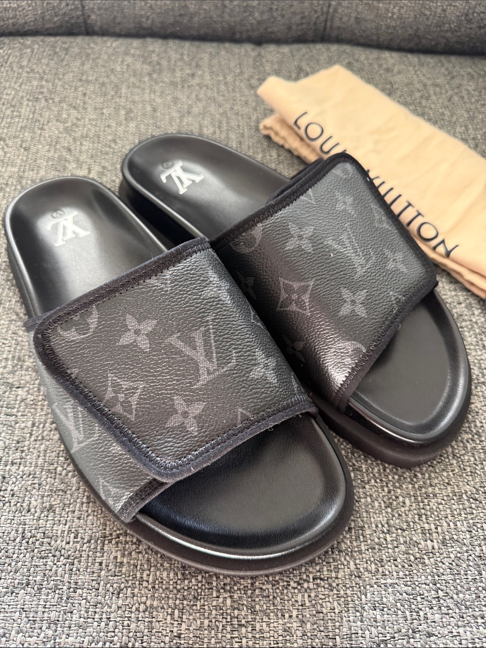 Louis Vuitton Gray/Black Monogram Slide Sandals for Men. Unworn!